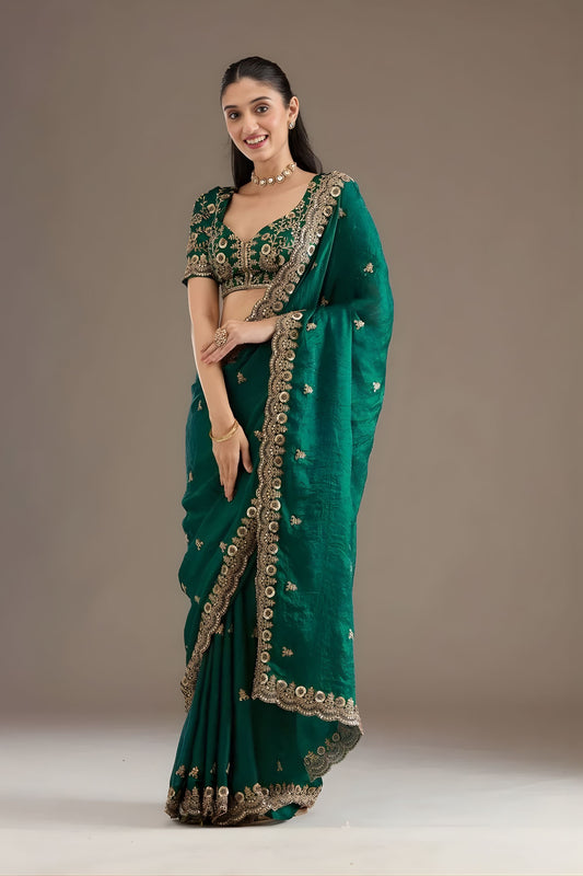  Green Silk Saree Heavy Zari Embroidered Border Designer Blouse 
