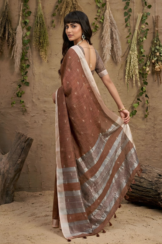 Coffee Brown Cotton Linen Saree with Silver Zari Border