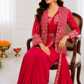 Rani Pink Designer Saree Heavy Embroidered Jacket Golden Border