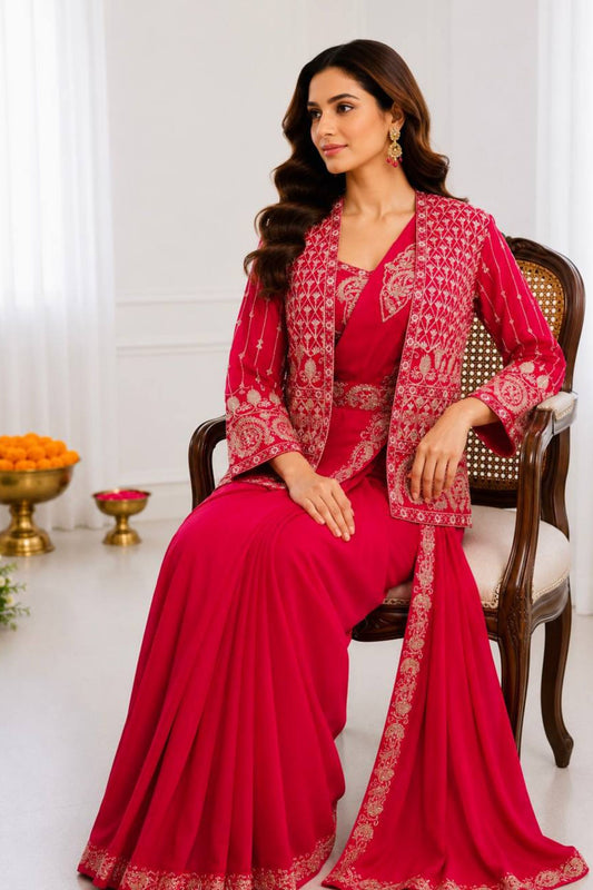 Rani Pink Designer Saree Heavy Embroidered Jacket Golden Border