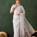 White Embroidered Net Saree Thread Work Party Wear Saree