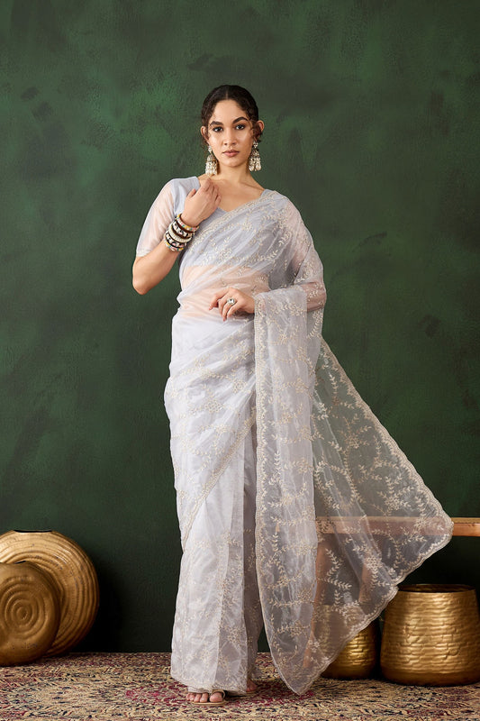 White Embroidered Net Saree Thread Work Party Wear Saree