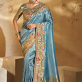 Sky Blue Banarasi Silk Saree Royal Motif Border Designer Saree