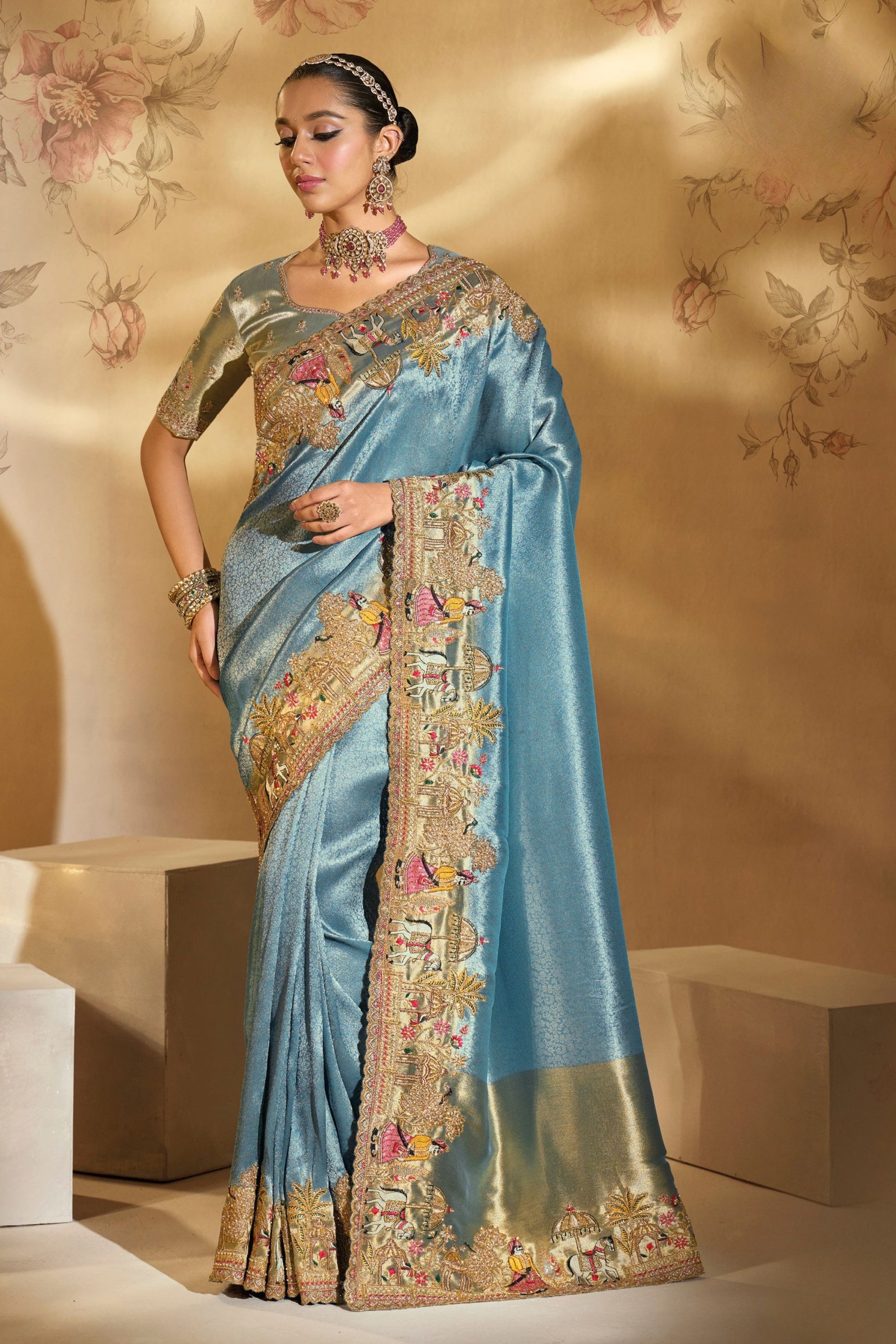 Sky Blue Banarasi Silk Saree Royal Motif Border Designer Saree