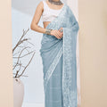 Elegant Pastel Blue Floral Printed Saree Party Wear Saree