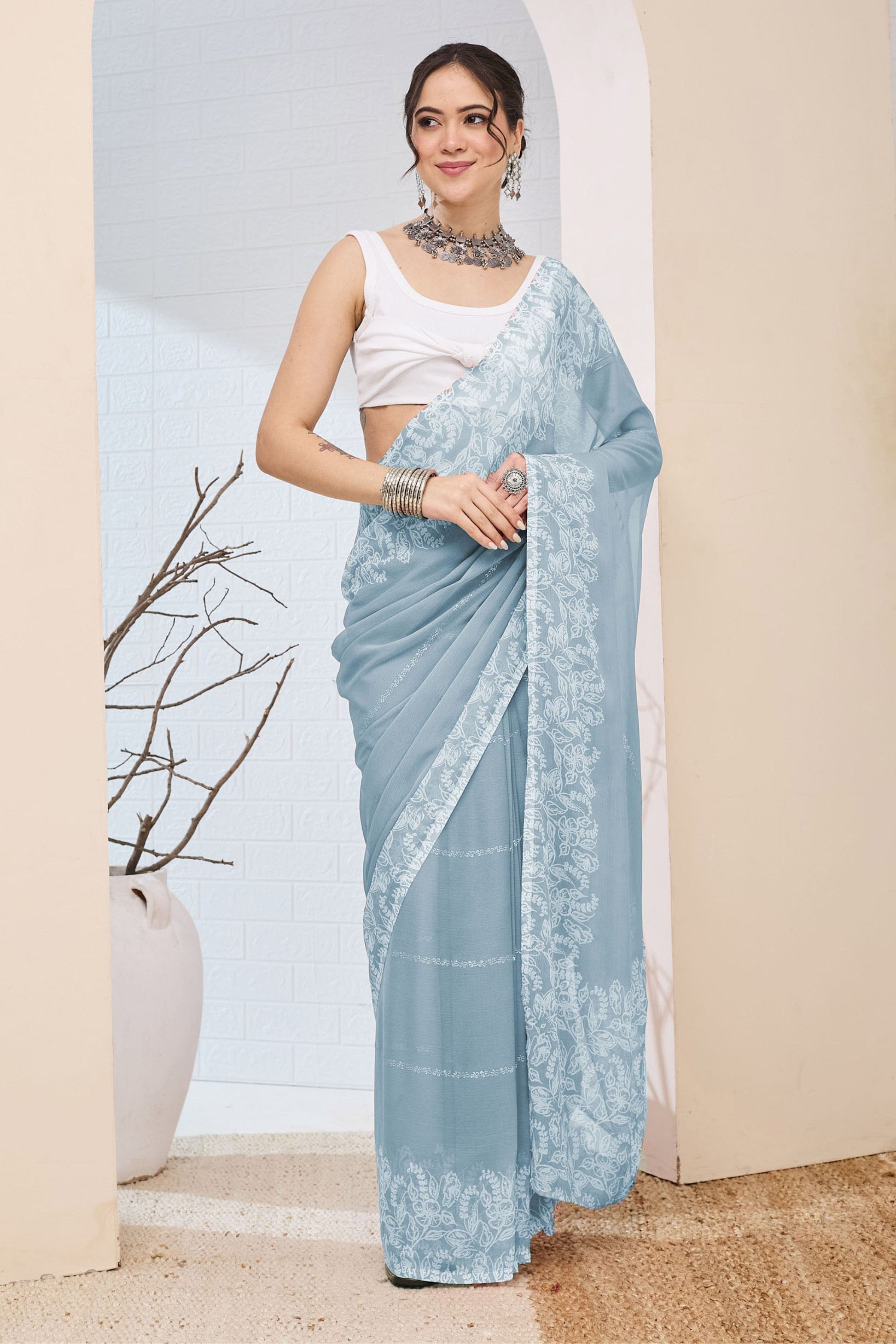 Elegant Pastel Blue Floral Printed Saree Party Wear Saree