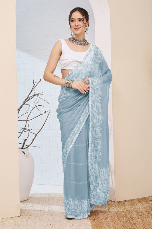 Elegant Pastel Blue Floral Printed Saree Party Wear Saree