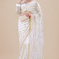 White Net Saree Gold Sequins Embroidery Designer Blouse
