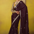 Wine Purple Georgette Saree Embroidered Border Designer Blouse