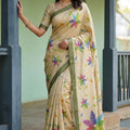 Cream Printed Linen Silk Saree with Multicolor Floral Leaf Design