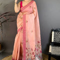 Elegant Peach Linen Cotton Saree Floral Print Pallu Traditional Border 