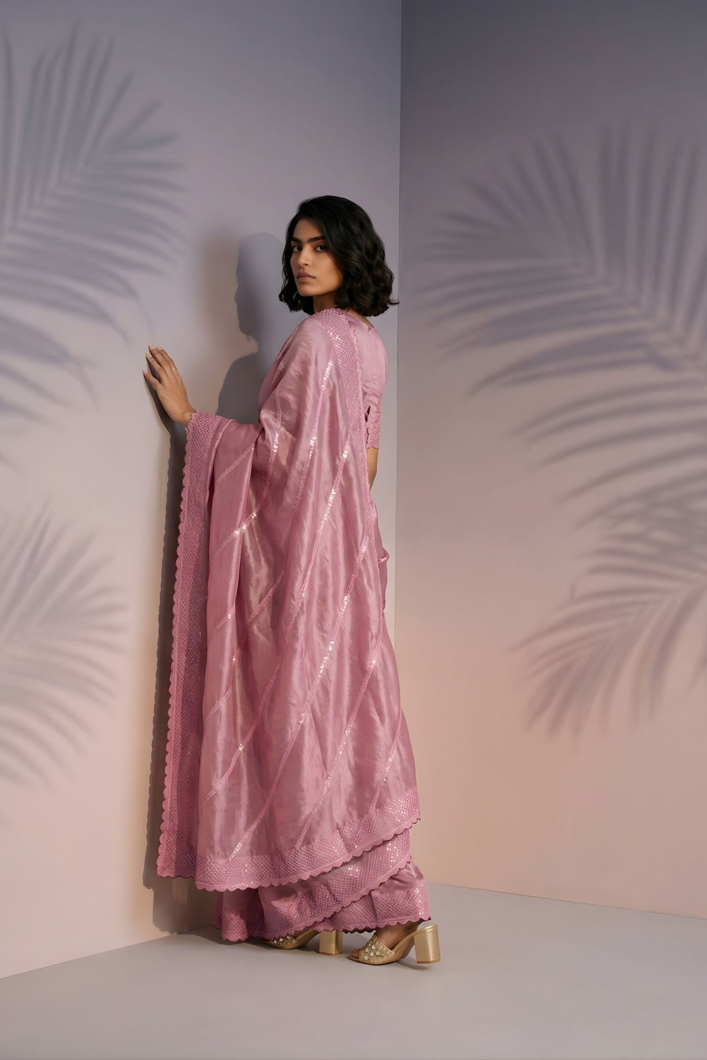 Dusty Pink Silk Saree with Embroidered Border Designer Blouse