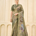 Elegant Sage Green Floral Printed Linen Cotton Saree
