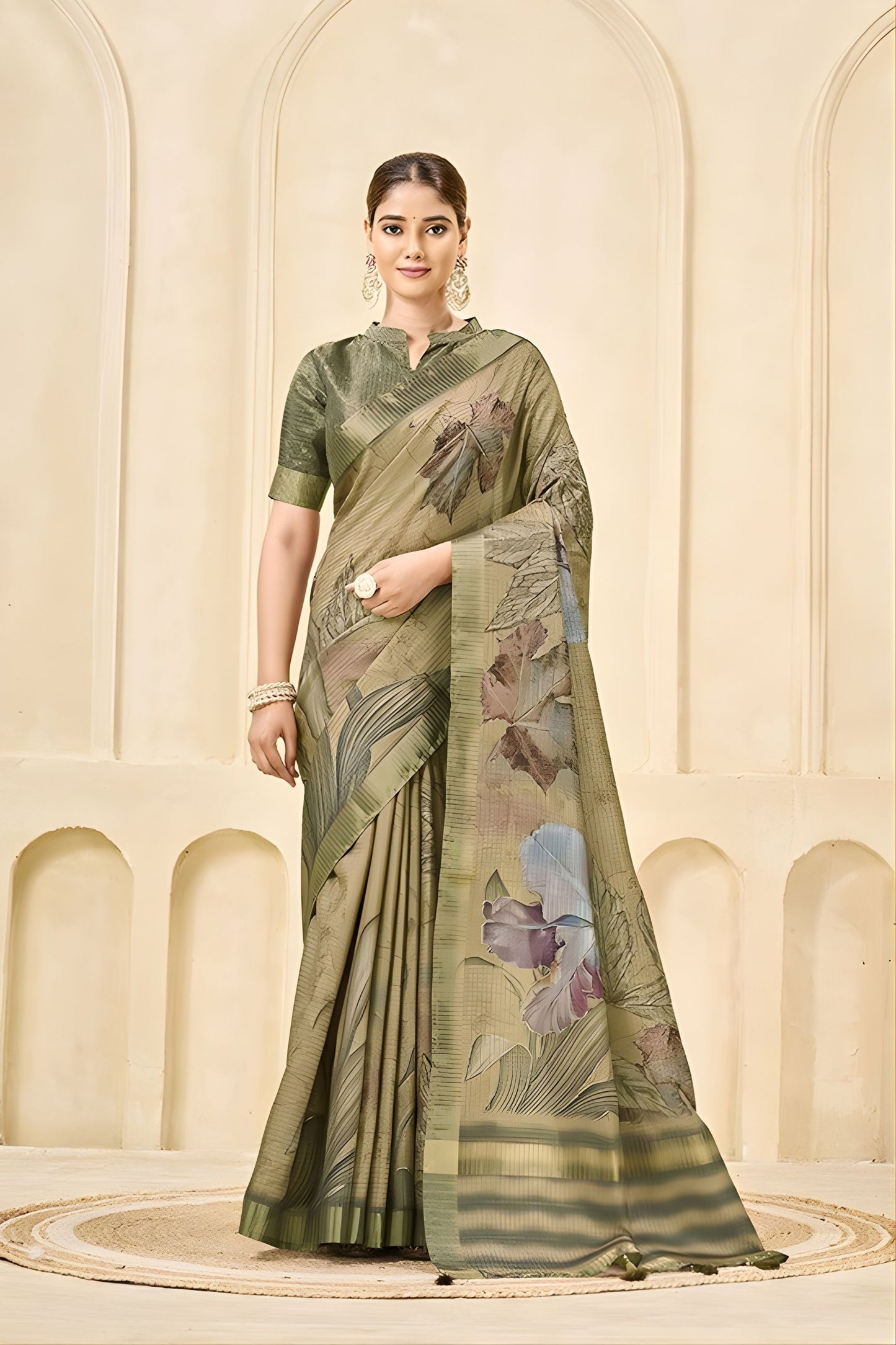 Elegant Sage Green Floral Printed Linen Cotton Saree