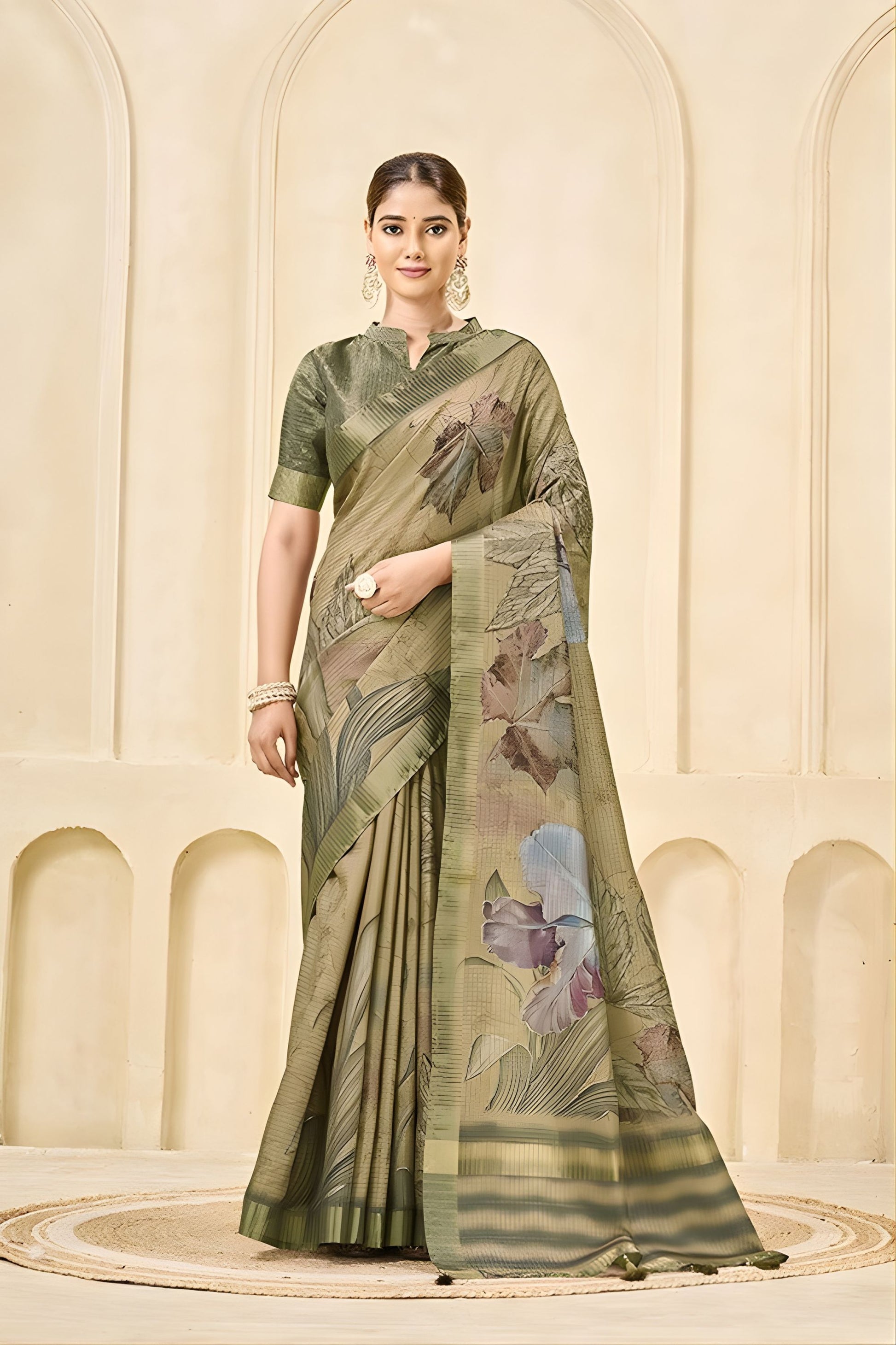 Elegant Sage Green Floral Printed Linen Cotton Saree