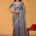 Grey Organza Silk Saree with Embroidered Border and Designer Blouse