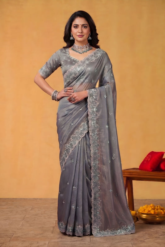 Grey Organza Silk Saree with Embroidered Border and Designer Blouse