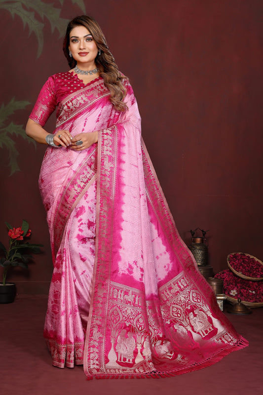 Pink Tie-Dye Silk Saree with Rani Pink Gold Woven Border 