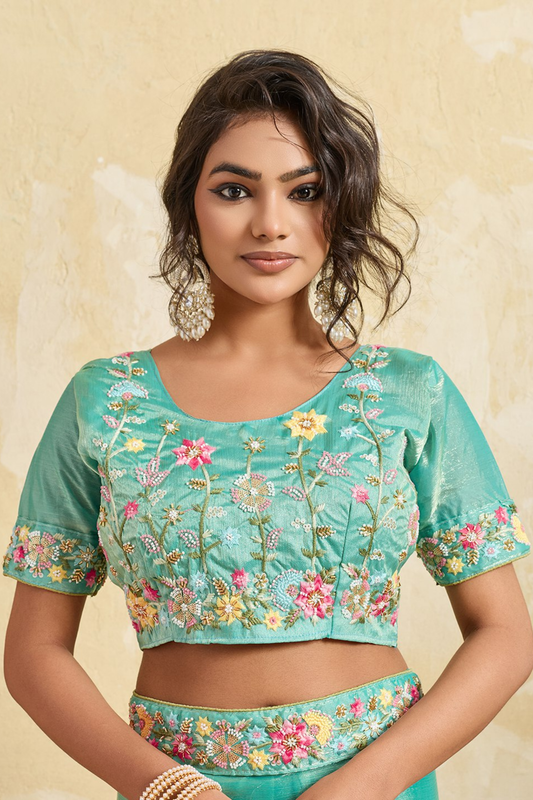 Aqua Green Silk Saree Floral Embroidered Border Designer Blouse