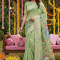 Pastel Green Silk Saree Multicolor Peacock Floral Print Zari Border 