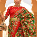 Olive Green Red Patola Print Silk Saree Traditional Gujarati Designer Border