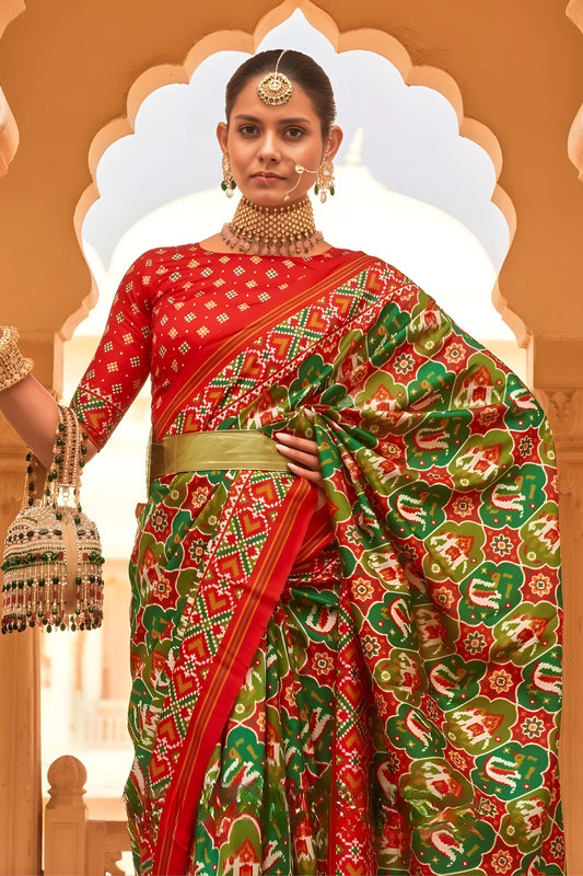 Olive Green Red Patola Print Silk Saree Traditional Gujarati Designer Border