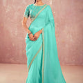 Sea Green Georgette Saree Golden Embroidered Border Designer Blouse 