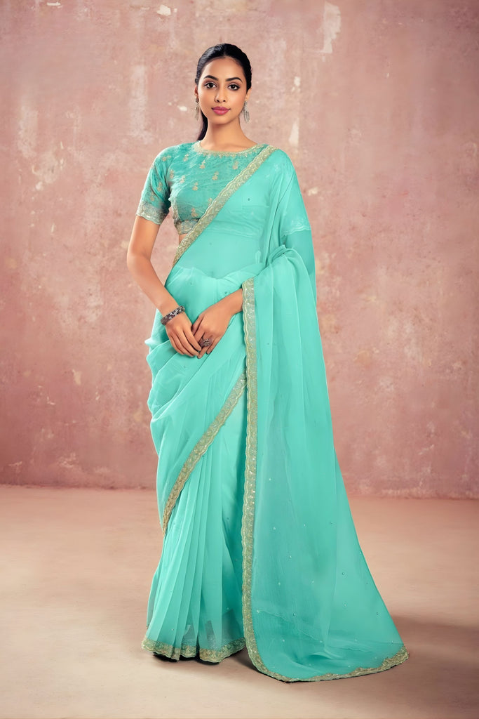 Sea Green Georgette Saree Golden Embroidered Border Designer Blouse 