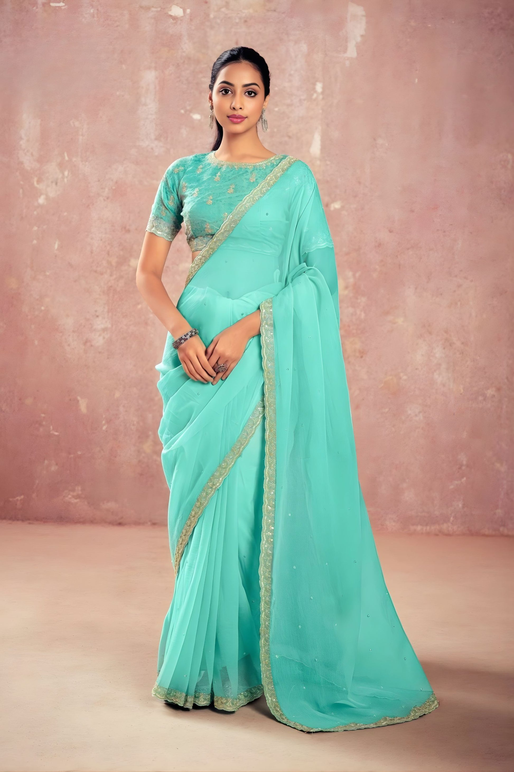 Sea Green Georgette Saree Golden Embroidered Border Designer Blouse 