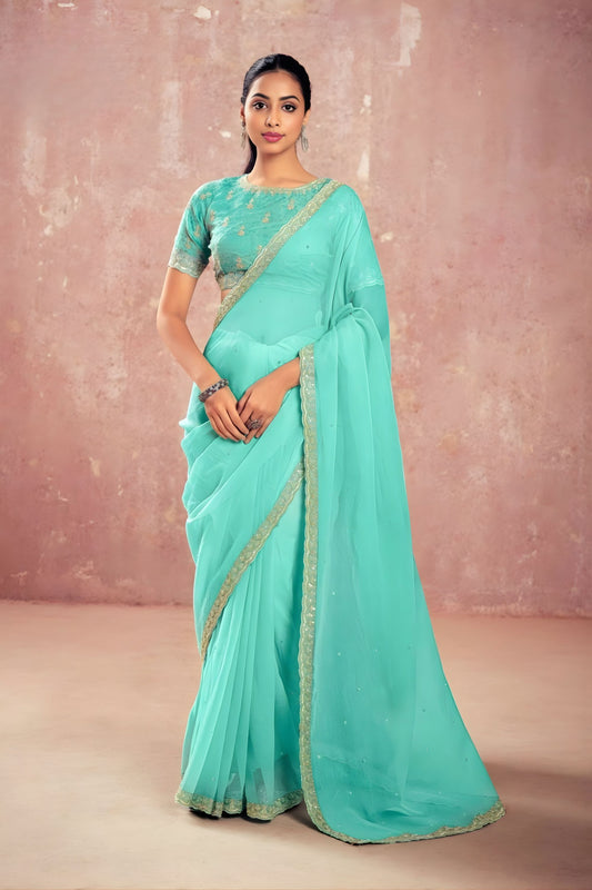 Sea Green Georgette Saree Golden Embroidered Border Designer Blouse 
