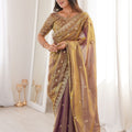 Copper Brown Organza Silk Saree Golden Thread Embroidery Designer Blouse
