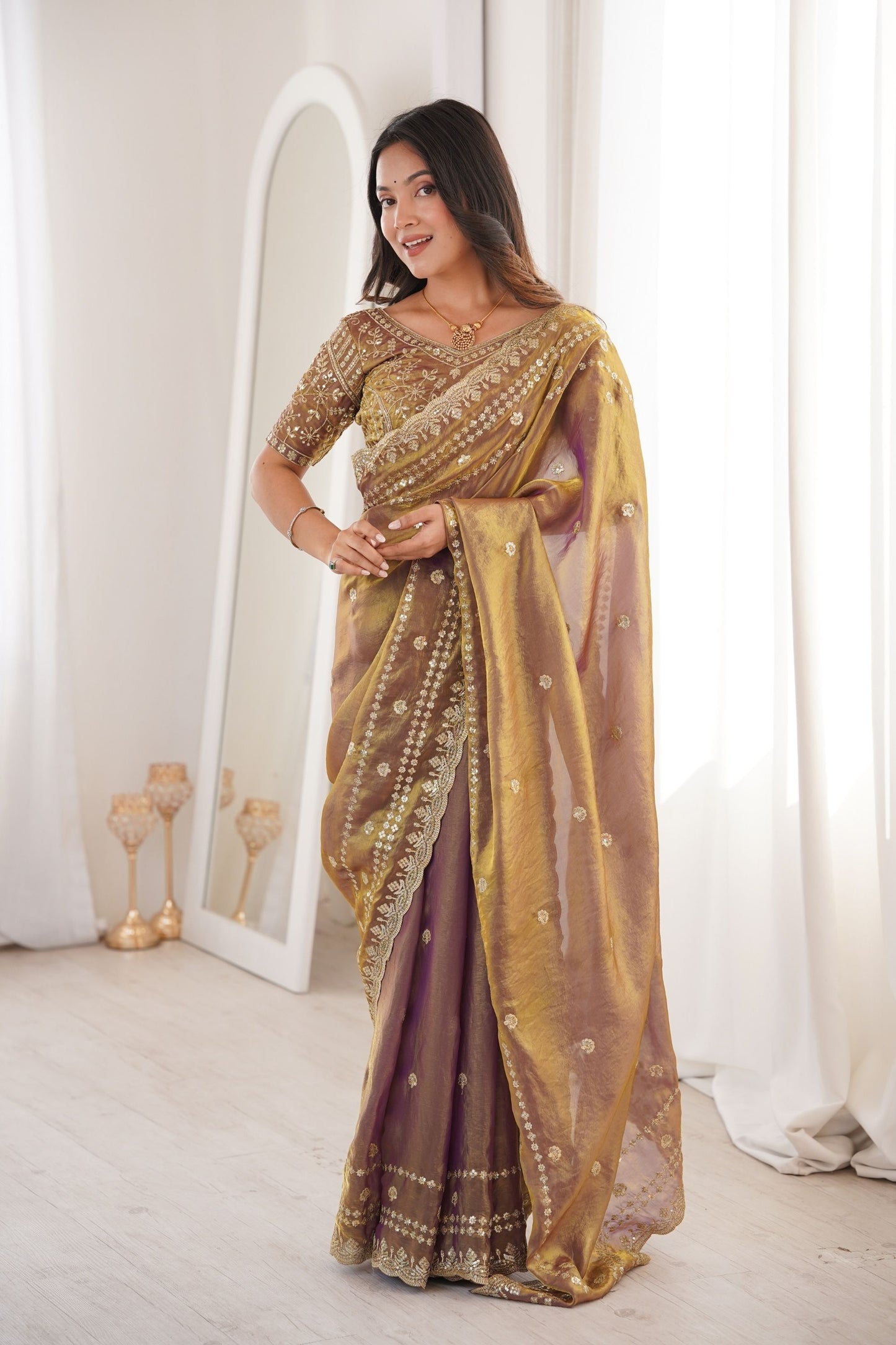 Copper Brown Organza Silk Saree Golden Thread Embroidery Designer Blouse