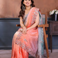 Peach and Sky Blue Embroidered Organza Silk Saree Designer Border
