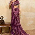 Wine Purple Silk Blend Saree Golden Zari Embroidery Designer Blouse