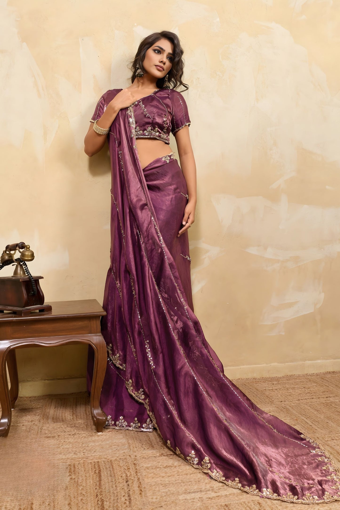 Wine Purple Silk Blend Saree Golden Zari Embroidery Designer Blouse