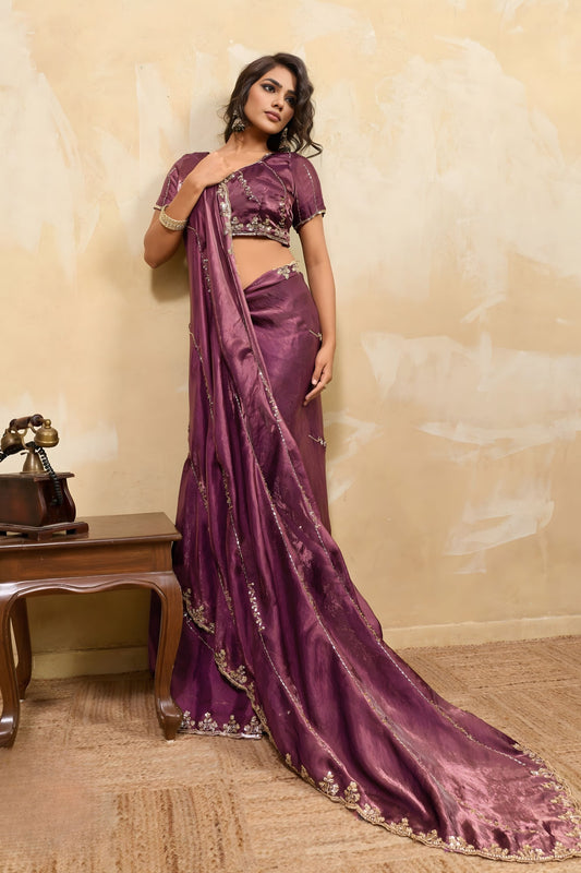 Wine Purple Silk Blend Saree Golden Zari Embroidery Designer Blouse