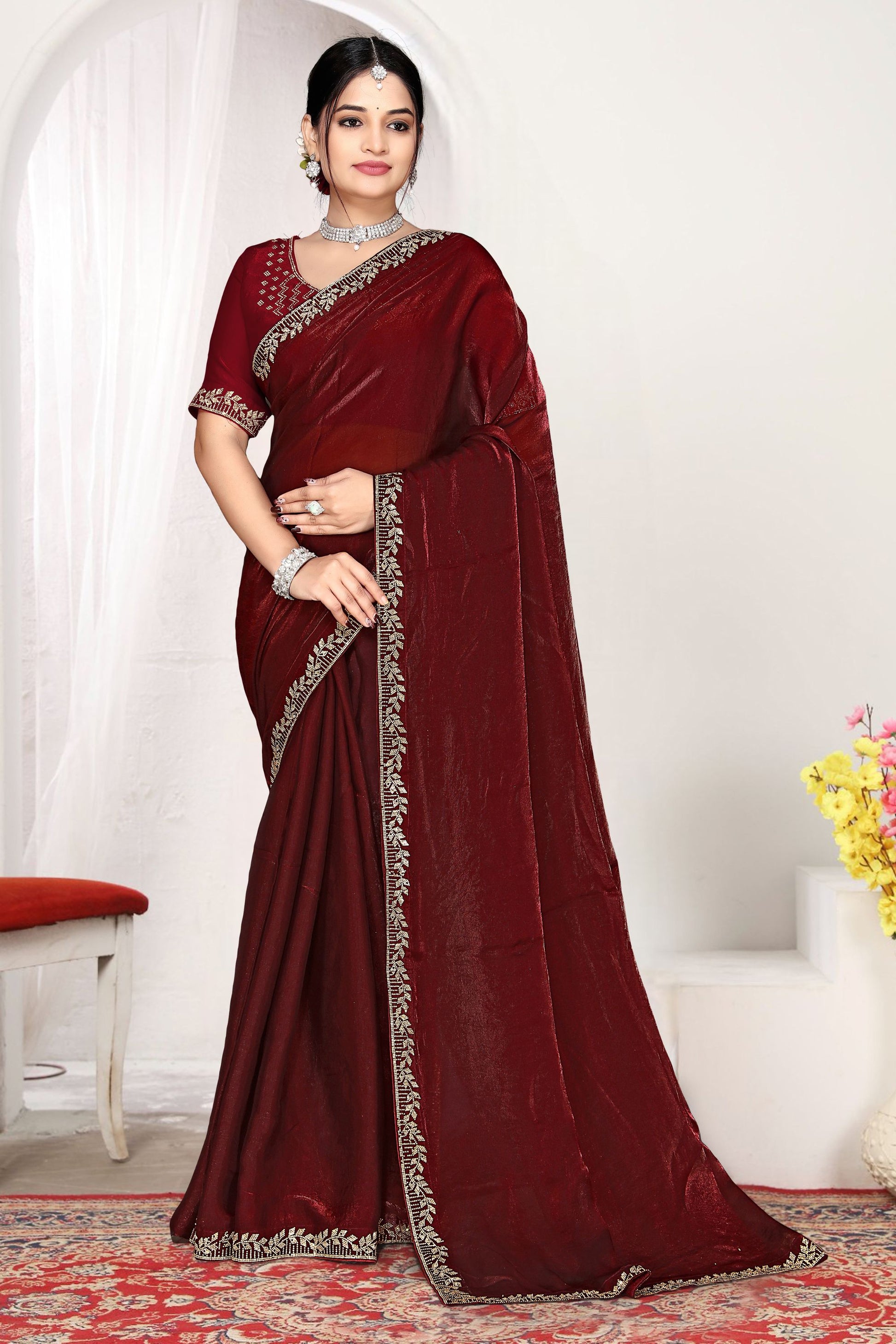 Maroon Silk Saree with Rich Golden Zari Border Designer Saree