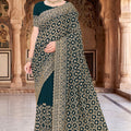 Dark Teal Green Georgette Saree Heavy Gold Zari Embroidery Designer Blouse