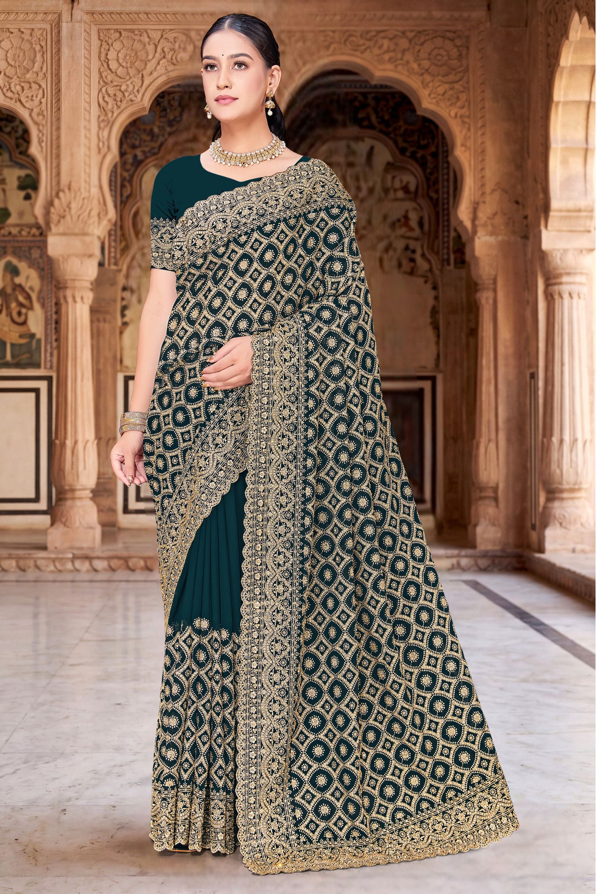  Dark Teal Green Georgette Saree Heavy Gold Zari Embroidery Designer Blouse