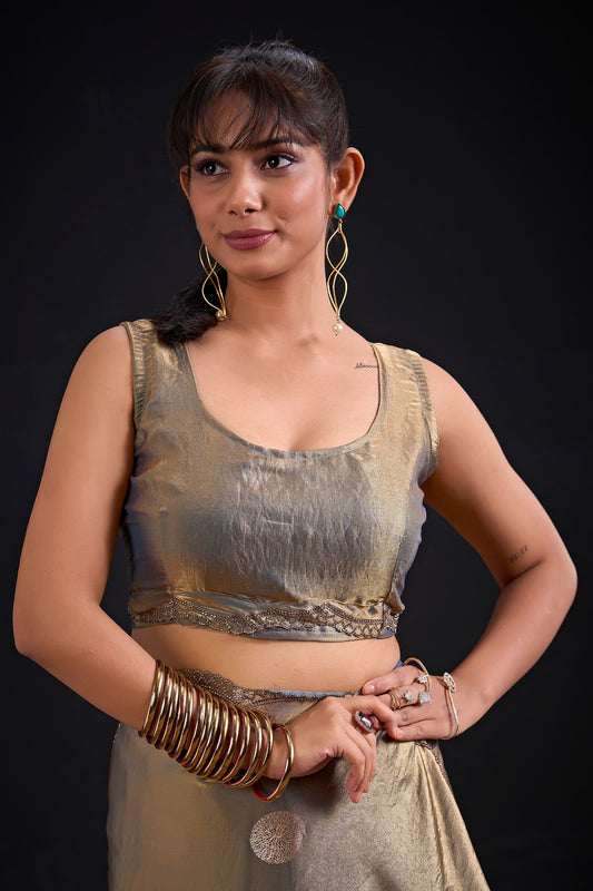 Golden Grey Tissue Silk Saree with Subtle Zari Butti Work