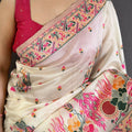 Off White Satin Silk Saree Multicolor Floral Print Designer Border