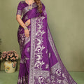 Royal Purple Banarasi Silk Saree with Rich Silver Zari Weaving Blouse Piece