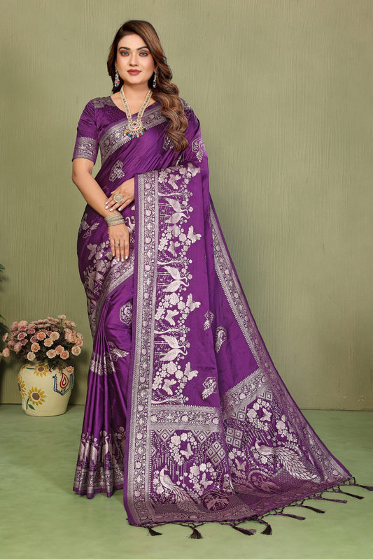 Royal Purple Banarasi Silk Saree with Rich Silver Zari Weaving Blouse Piece