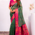Green Paithani Silk Saree with Pink Zari Border and Traditional