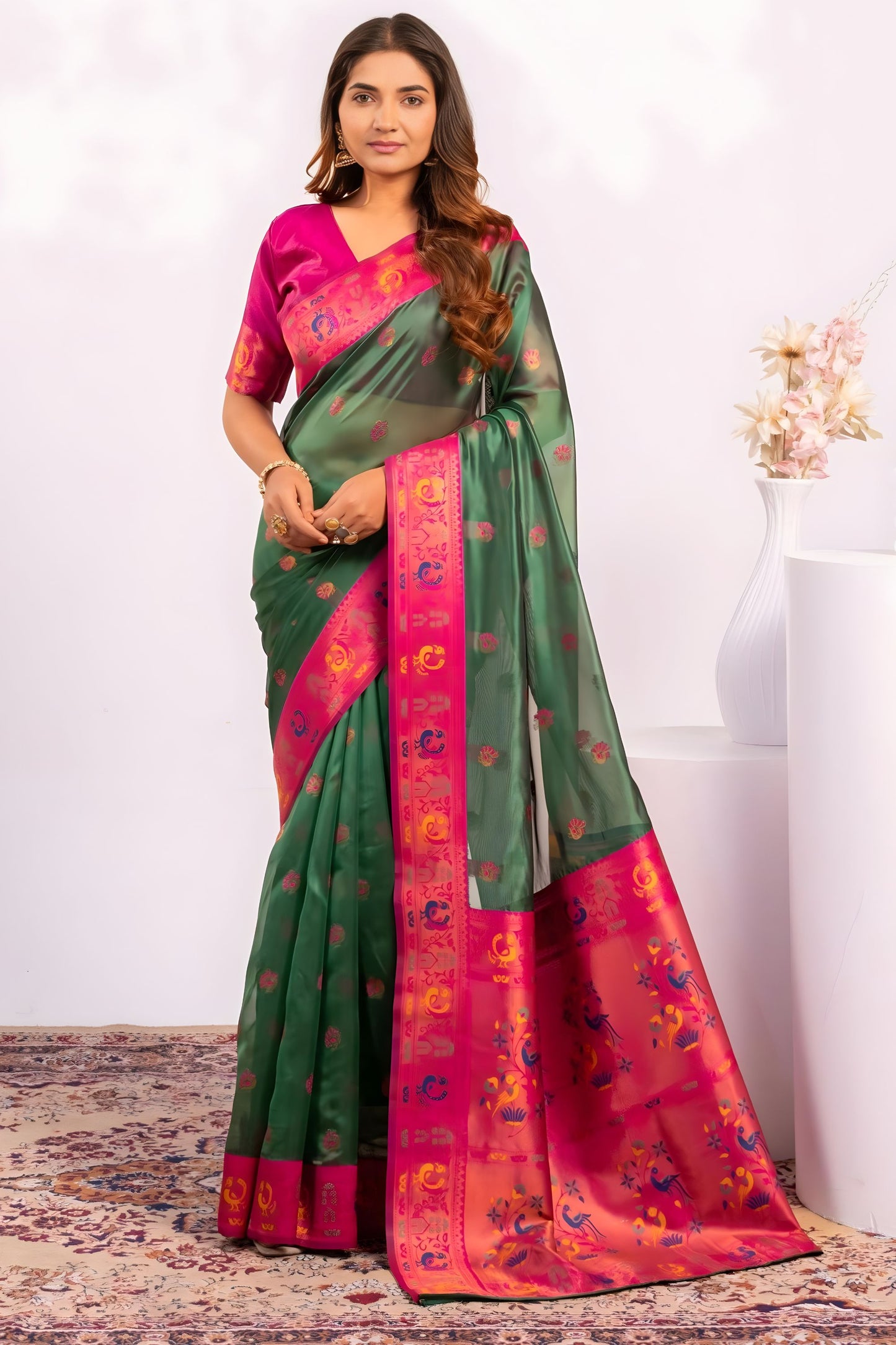 Green Paithani Silk Saree with Pink Zari Border and Traditional
