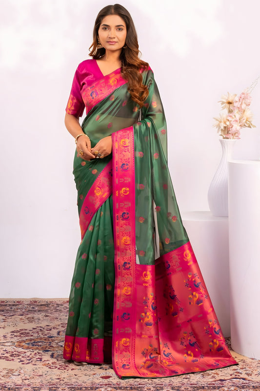 Green Paithani Silk Saree with Pink Zari Border and Traditional
