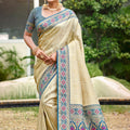 Golden Beige Silk Saree Royal Blue Banarasi Border Traditional Saree