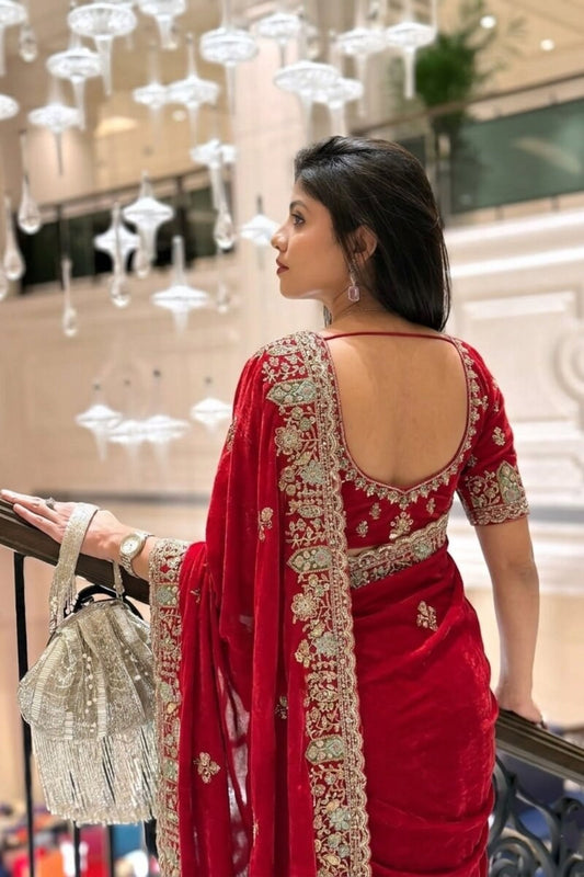 Royal Red Embroidered Silk Saree with Heavy Designer Border