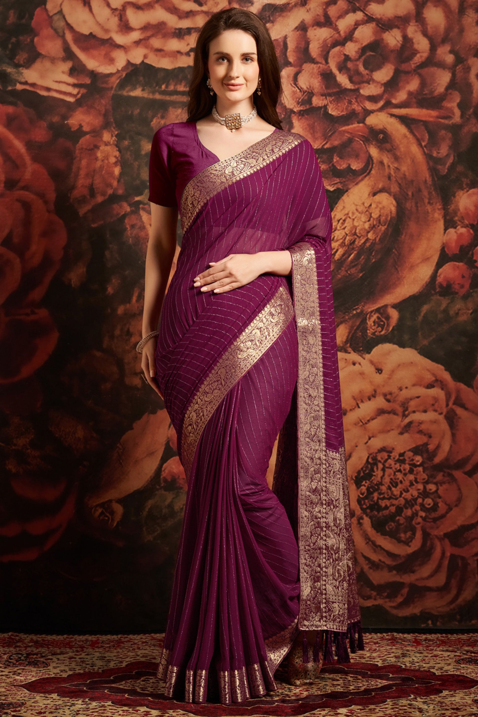 Elegant Purple Banarasi Silk Saree with Rich Golden Zari Weaving