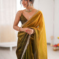 Olive Green Organza Silk Saree Designer Silver Lace Border Matching Blouse